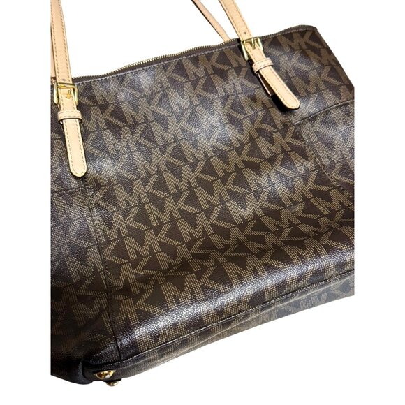 Michael Kors Signature Brown Tote Bag With Beige Handles & Gold Hardware - Picture 2 of 10